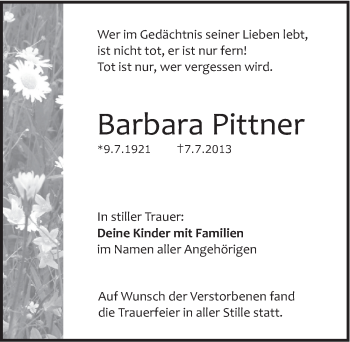 Traueranzeige von Barbara Pittner von Pegnitz-Zeitung